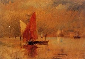 Frank Duveneck - Red Sail in the Harbor at Venice