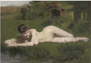 Frank Duveneck - Reclining nude on the riverbank